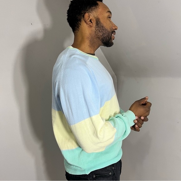 Vintage Knit Sweater Pastel Long Sleeve Cotton Top Blue Knit Shirt Crewneck - Picture 5 of 6